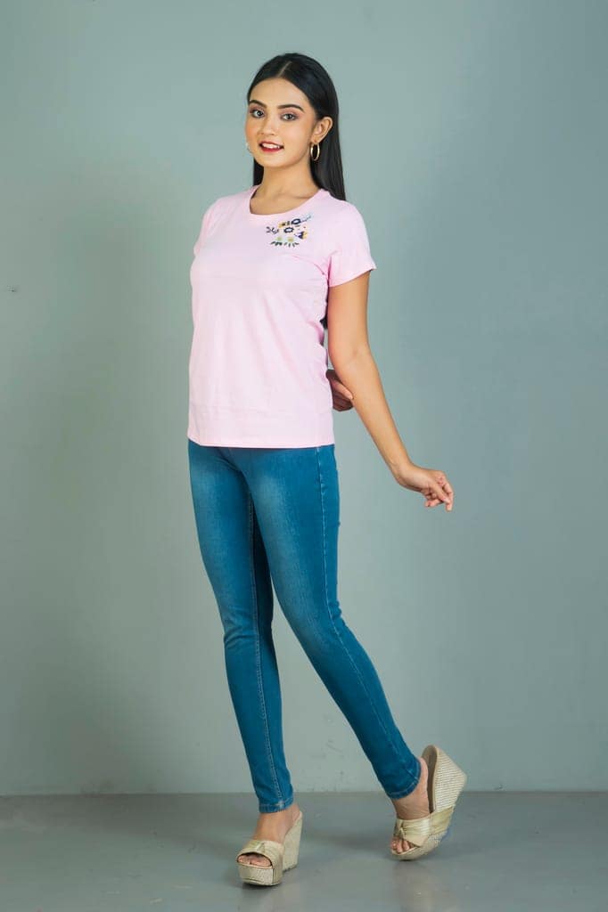 Light pink coloured Hand embroidered Women’s cotton T shirt view 2