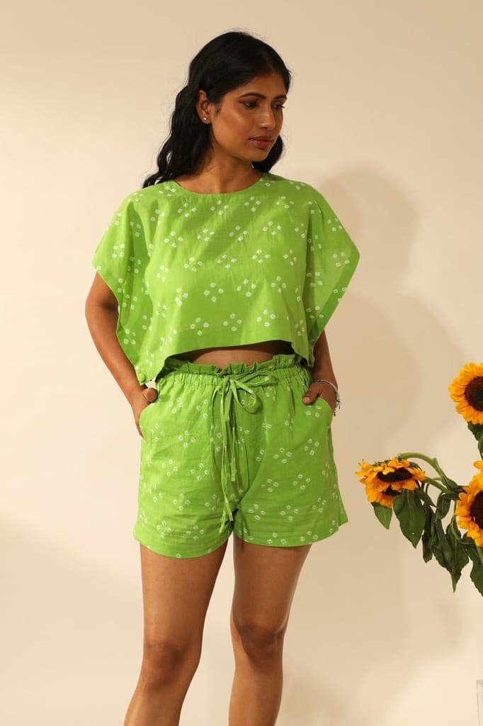 Bandhani Side Open Crop Top In Lime Green view 2