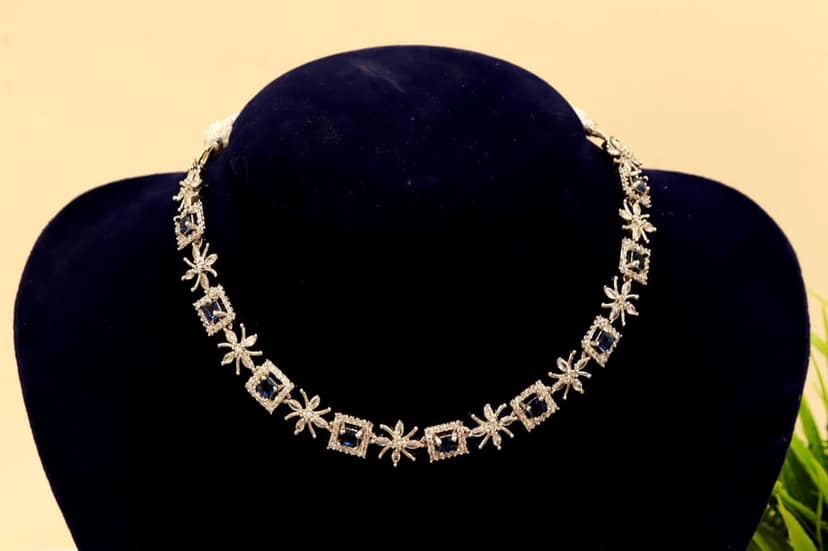 Stunning rhodium plated square-shaped American diamond necklace set with earrings for women view 2