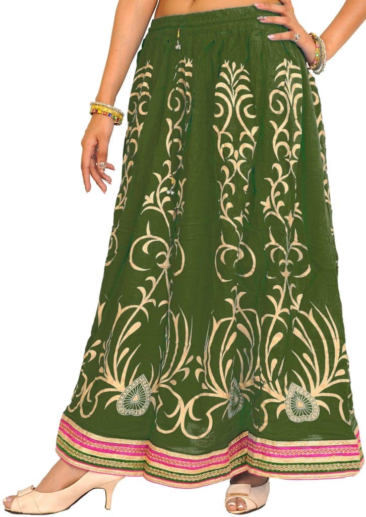 Bronze-Green Printed Long Skirt with Embellished Patch Border view 2