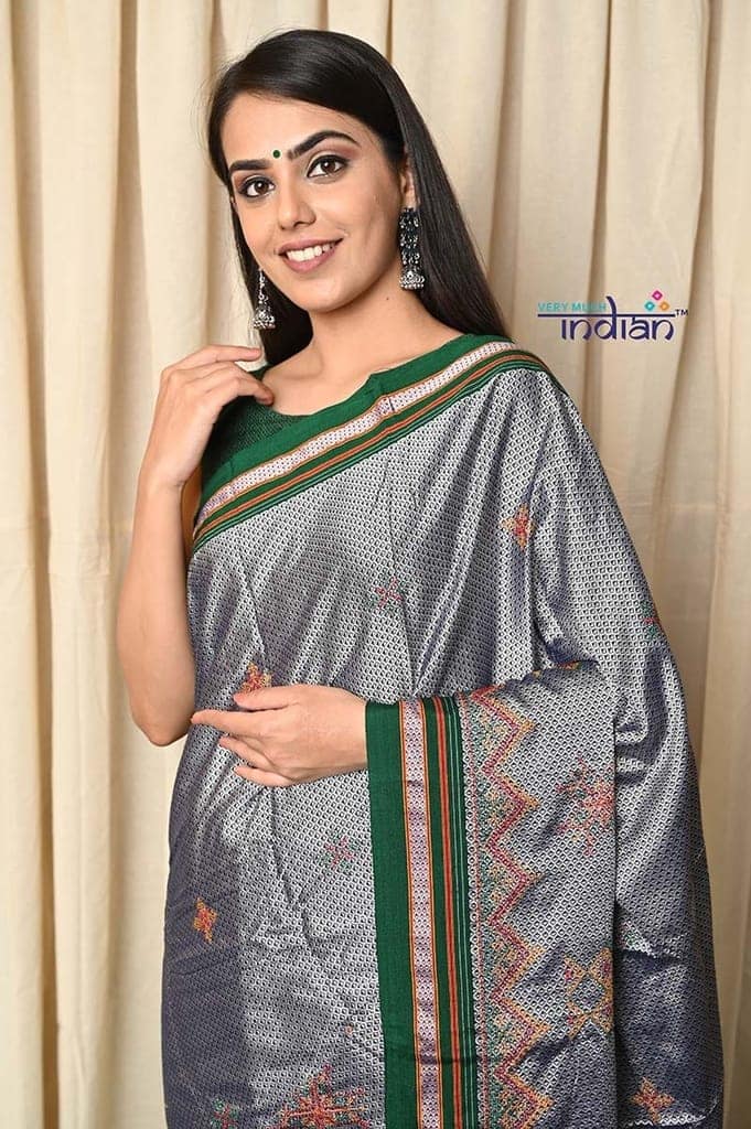 Traditional Khun Saree – Cotton Resham Authentic Handwoven, Mystic Grey with Kashida Work – Green Border view 2