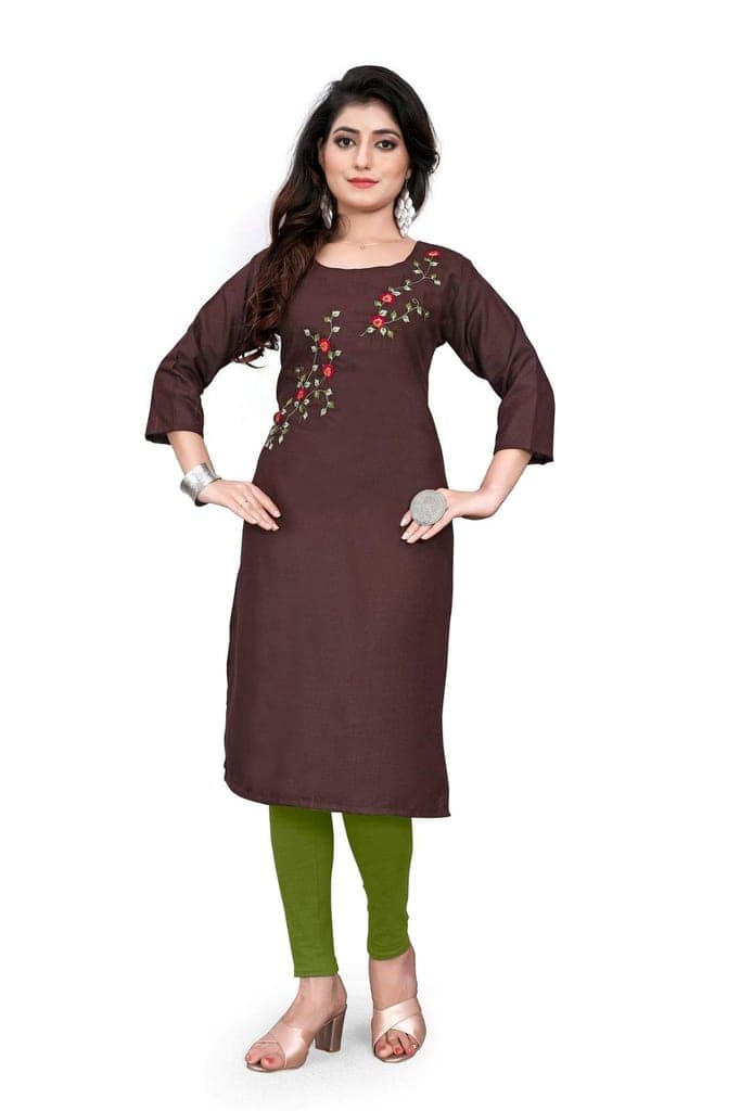 STYLEOO Ruby Slub 3/4 Sleeves Embroidered Kurti for Women's Combo Pack (Brown and Green) (M, L, XL, XXL) view 2