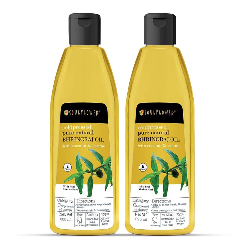 Soulflower Cold-Pressed Bhringraj Oil | Natural Hair Growth, Strengthening & Nourishing Roots | Anti-Dandruff, Cooling Scalp Relief | Coconut & Sesame Oil Blend | Pure & Organic 225ml x 2