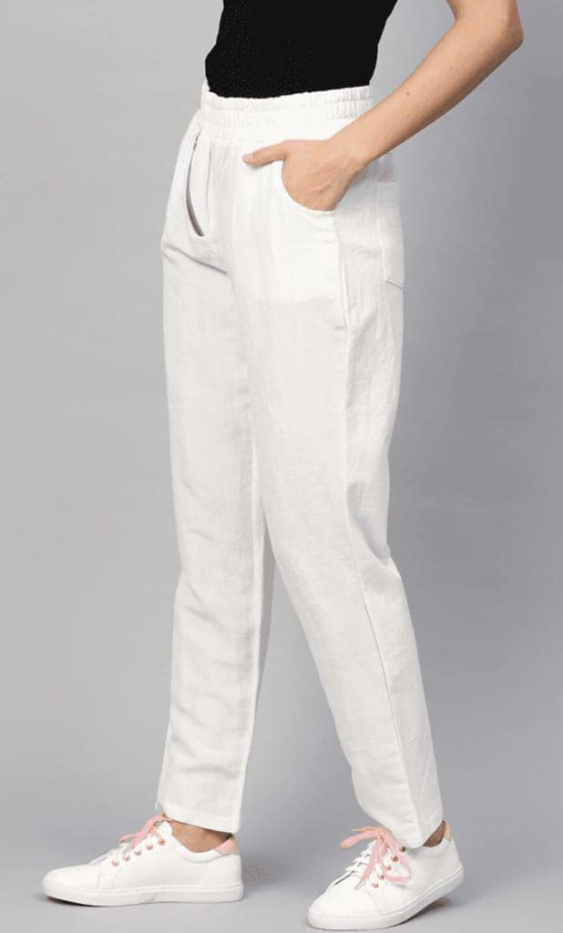 ATTIRIS Women's Cotton Regular Fit Mid Rise Ankle Length Elastic Waist Trouser, White view 2