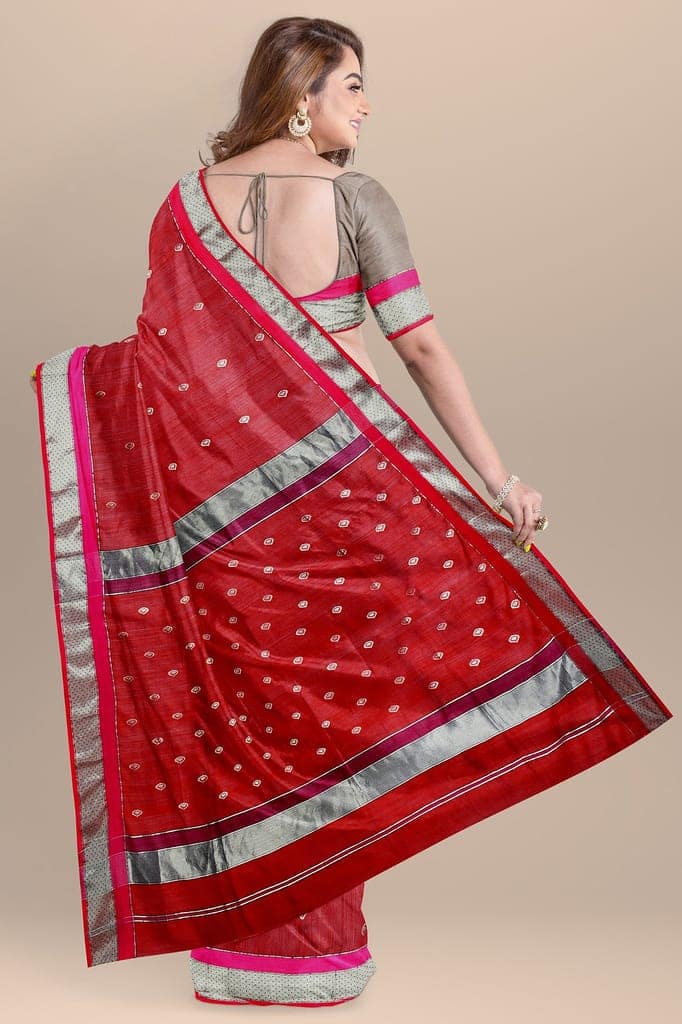 Maroon Diya Buti Handwoven Sausar Silk with Silver Zari Border Saree SKU-BS10025 view 2