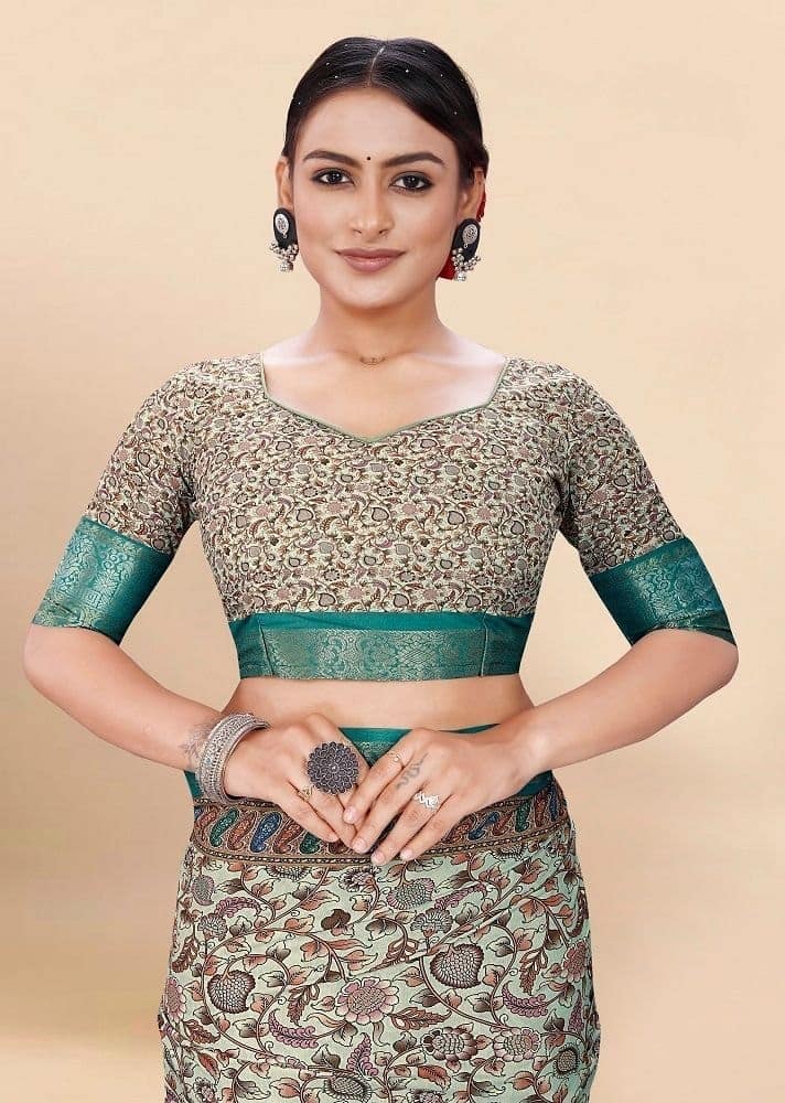 Digital Printed Cotton Saree in Light Green view 2