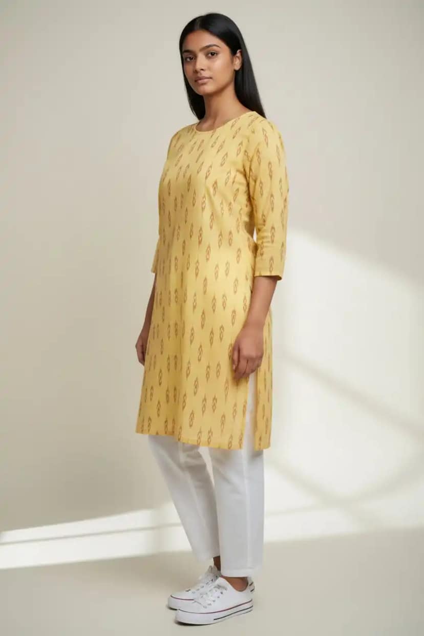 Handwoven Sambalpuri Bandhakala Cotton Kurti in Yellow