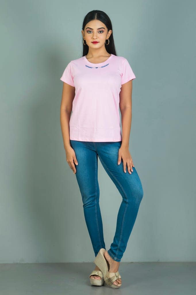 Hand embroidered women cotton T shirt floral design view 2