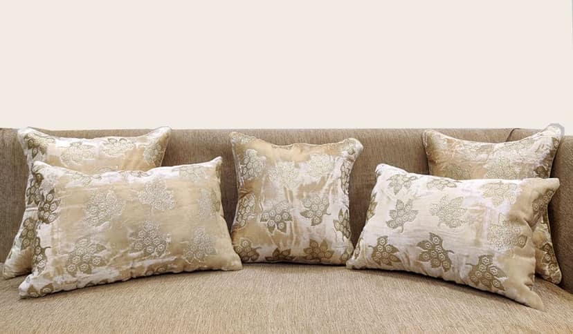 Ivory Golden Cushion Cover with Leaf Embroidered Stitched Zippered Velvet Combo Cushion Cover (16x16 inch and 30 x 45 cm) Set of 5 view 2