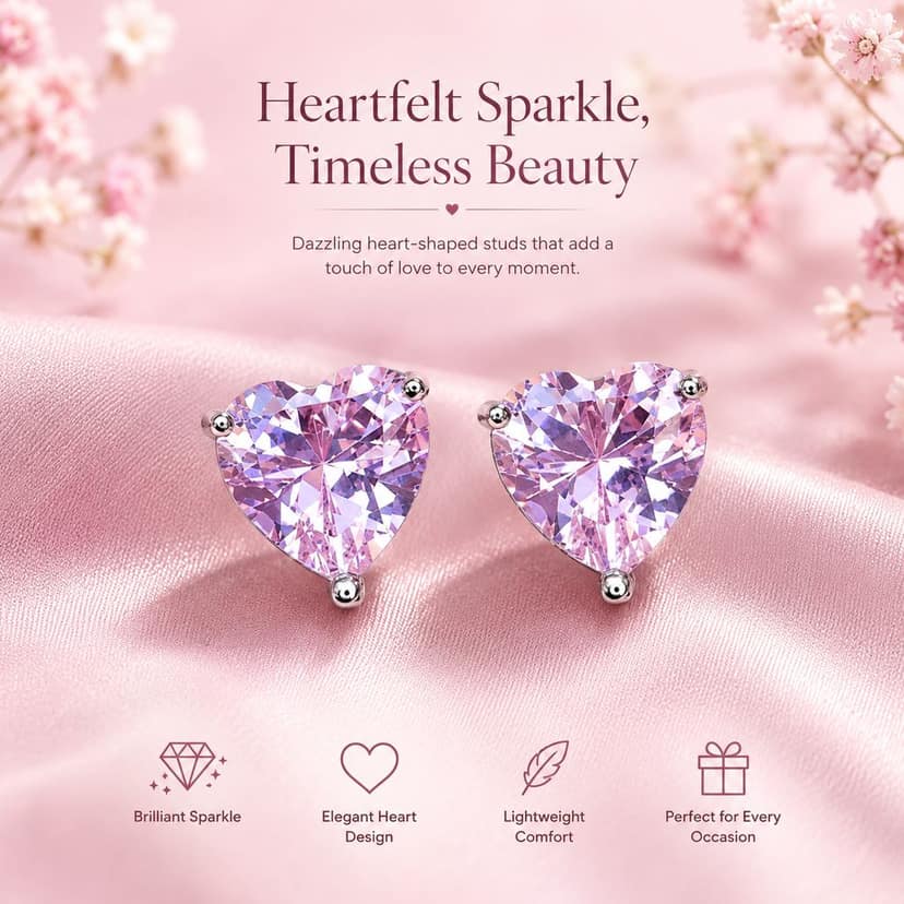 Dazzling Cubic Zirconia Pink Heart Stud Earrings for Women,Teen Girls & Kids Romantic Heart-Shaped Diamond Like Stud Earrings Pair of 1