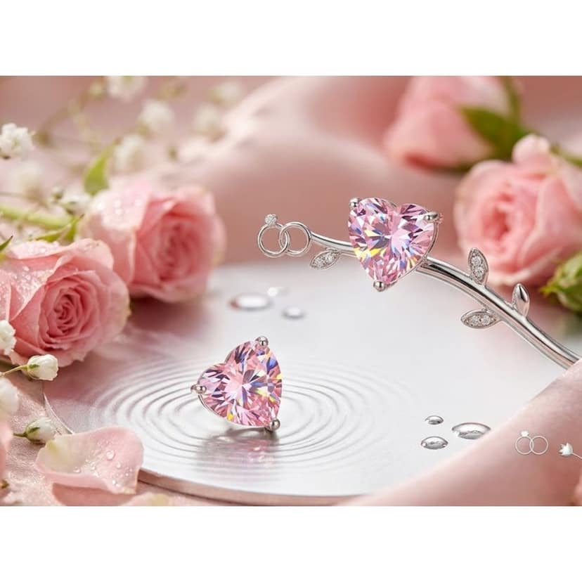 Dazzling Cubic Zirconia Pink Heart Stud Earrings for Women,Teen Girls & Kids Romantic Heart-Shaped Diamond Like Stud Earrings Pair of 1 view 2