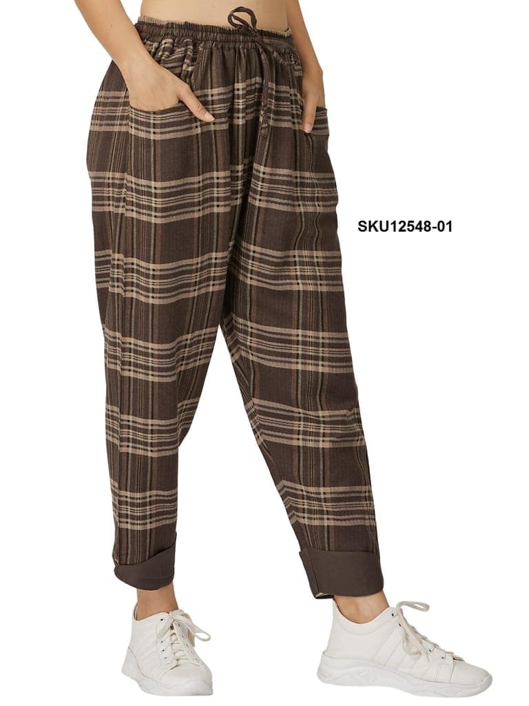Women's Brown Plaid Cotton Casual Trousers with Elasticated Waist view 2