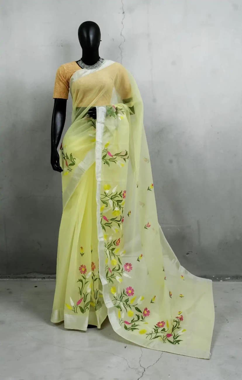 Pastel Yellow Kota Doria Saree with Block-Printed Florals and Zari Border