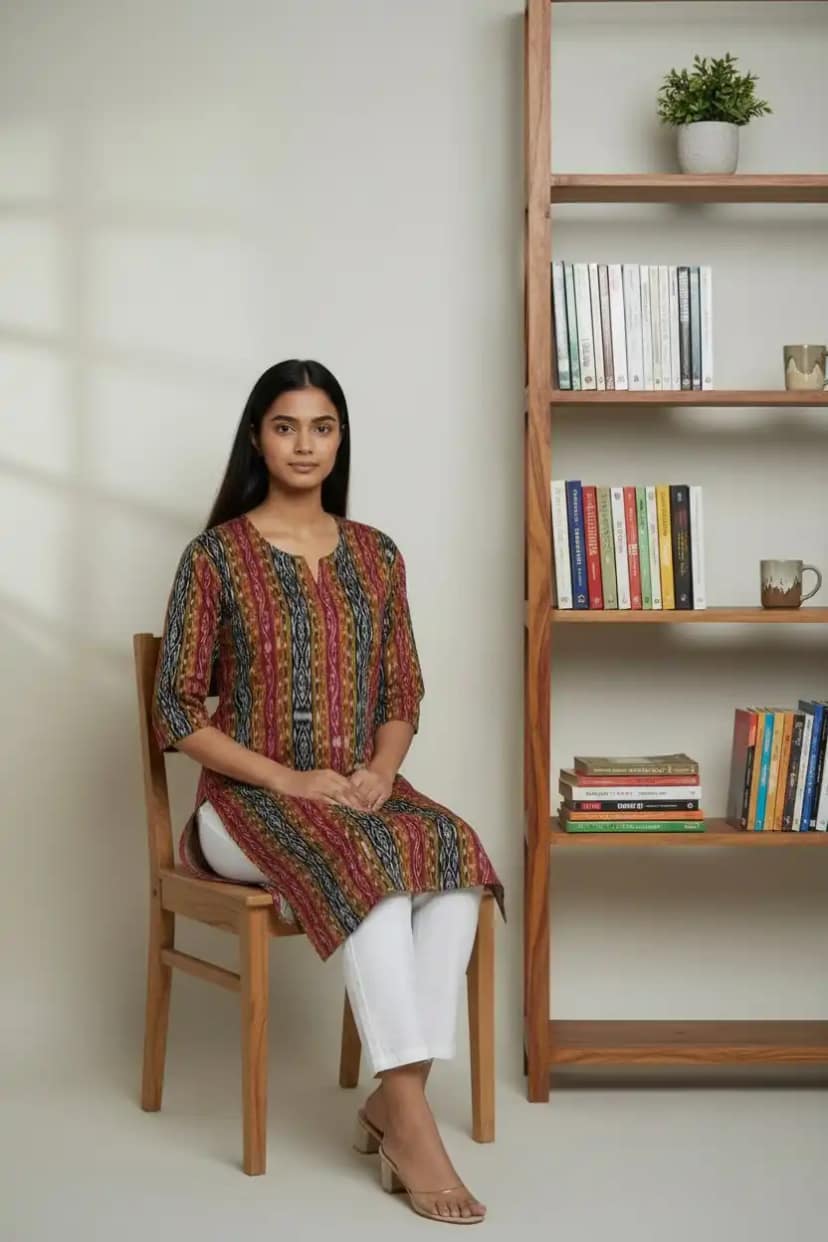 Handwoven Sambalpuri Cotton Kurti in Bandhakala Ikat, Natural Dyes