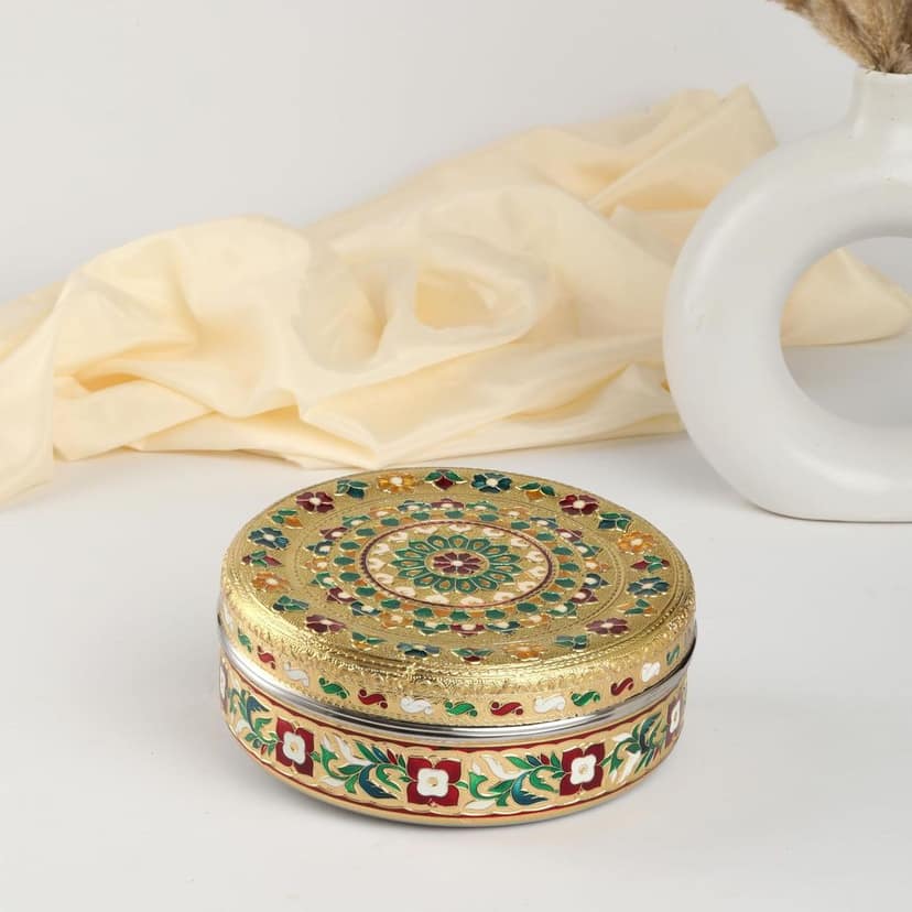 NAVRANG Stainless Steel Spice Box Masala Box/Dabba Decorative Meenakari (7 Steel Cups With 1 Spoon) Multi Colour view 2