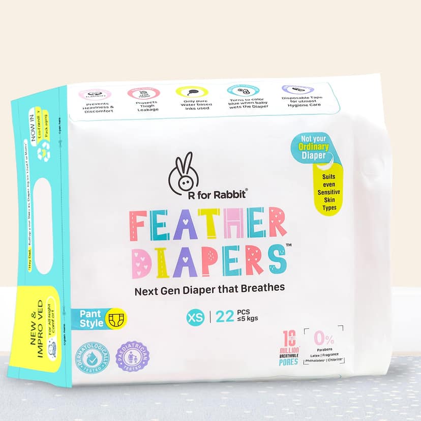R for Rabbit XS New Born Premium Feather Diaper Pant Style for Baby 0 to 5 kgs (22 Combo Pack Offer) R for Rabbit XS New Born Premium Feather Diaper Pant Style for Baby 0 to 5 kgs (22 Combo Pack Offer) - White / XS Size-22 Pack