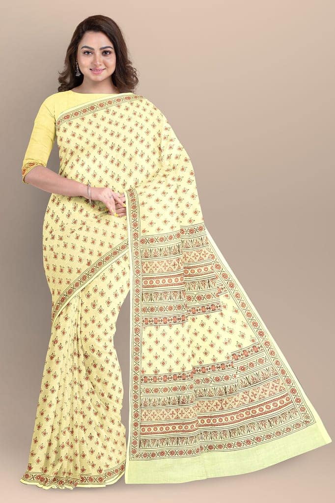 Lemon Yellow Buti Motif Chippa Hand Block Print Malmal Cotton Saree SKU-AS10074