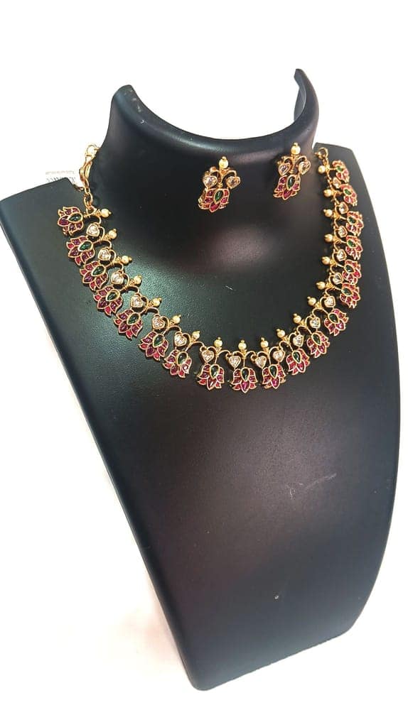 Buy Traditional Gold Plated Ruby and Green Stone Necklace Set view 2