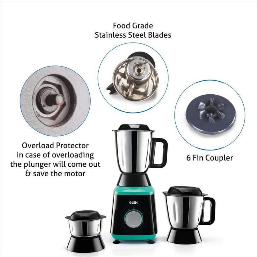 Mixer Grinder 750W 100% Copper Motor, 3 Stainless Steel Liquidiser, Grinder, Chutney Jars - Black & Green (4030) view 2