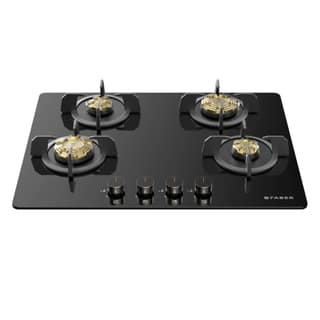 Faber 4 Burner 70cm Hob, Auto-Ignition, HOB PRIME HT704 CRS BR CI AI, Metal Knobs, Cast Iron Pan Support, Hob/Cooktop Hybrid| Black Glass Finish, 5 Yrs Warranty on Glass & Valve, 2 Yrs on Burner