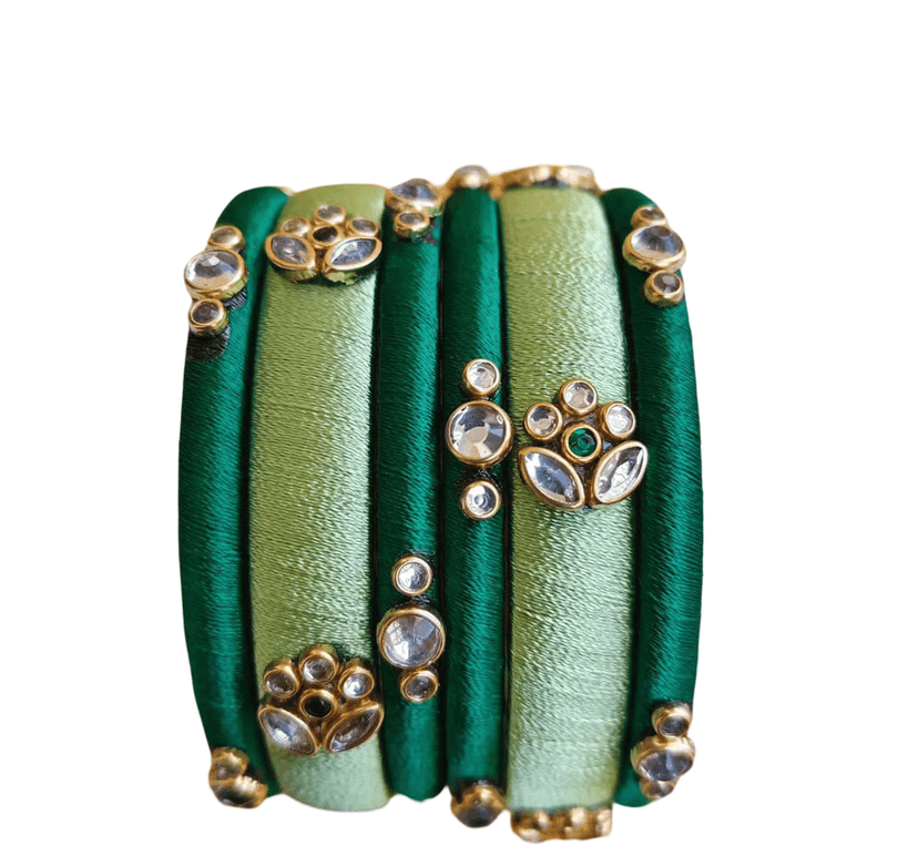 Green Silk Thread Bangle with Gemstone Embellishments view 2