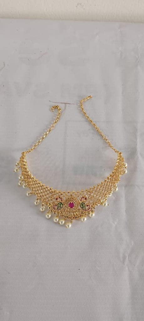 "Stunning Gold-Plated Kundan and Pearl Choker Necklace Set with Earrings" view 2