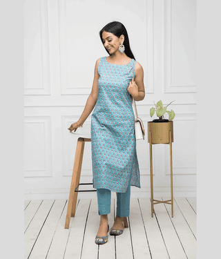 Shivaradhya designers Cotton Printed Straight Women's Kurti - Light Blue ( Pack of 1 )
