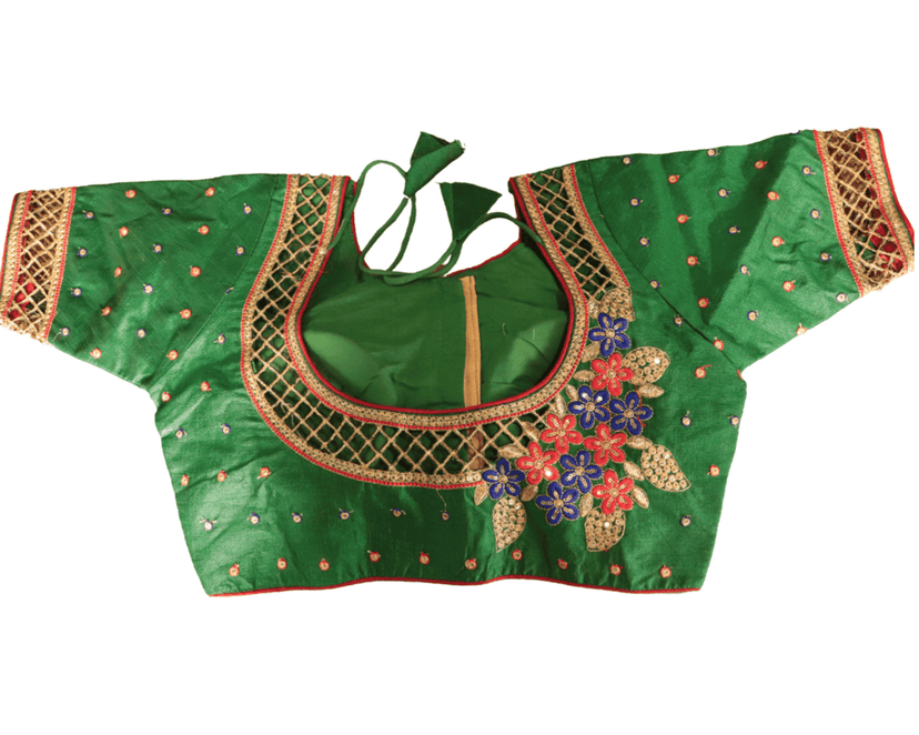 Green Embroidered Cotton Silk Saree Blouse With Zari Border view 2