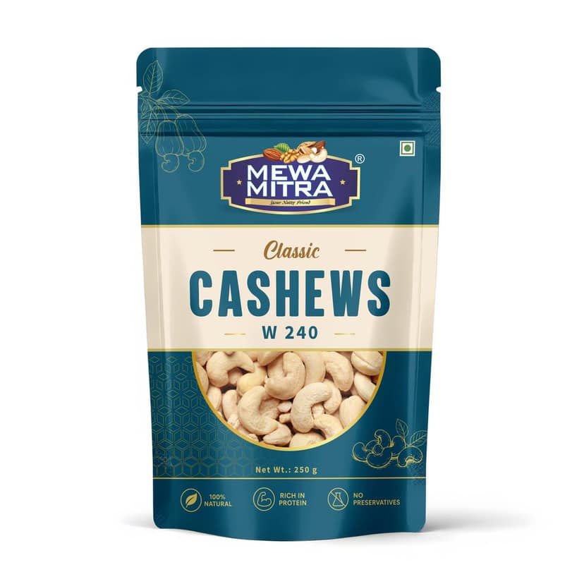 Mewa Mitra Prime Cashews W240 250g | Premium Whole White Kaju | Natural High Protein Dry Fruits