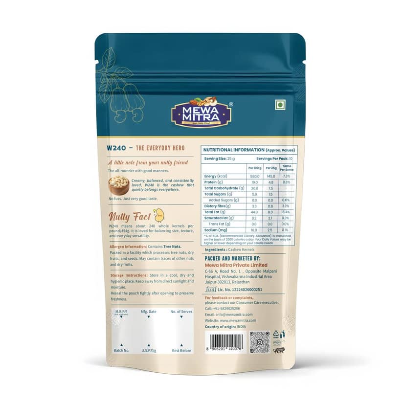 Mewa Mitra Prime Cashews W240 250g | Premium Whole White Kaju | Natural High Protein Dry Fruits view 2
