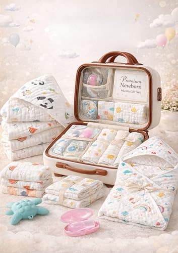 MOM CARE 21 Pcs Premium Muslin Baby Gift Set, 6-Layer Organic Cotton Newborn Baby Essentials Kit, Super Soft Baby Care Set, Newborn Gift Set for Baby Shower & New Parents MOM CARE 21 Pcs Premium Muslin Baby Gift Set, 6-Layer Organic Cotton Newborn Baby E view 2
