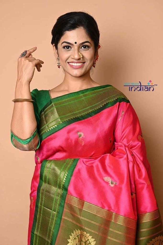 Pure Silk Handloom Maharani Paithani - Mor Butti with Meena work - Traditional Pink with Green view 2