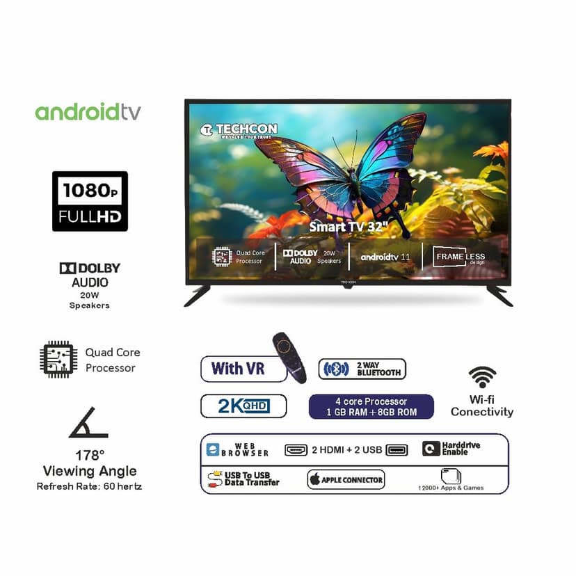 Techcon 80cm (32 Inch) BT VR Android Smart LED TV With Voice Remote T322G10 BTVC (Black) Smart TV 32" - Frameless Design, Quad Core Processor, Dolby Audio, Android TV 11 view 2