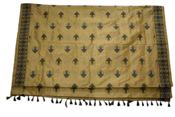 Traditional Yellow Silk Saree with Geometric Embroidery, Blue and Green Motifs, Tassel Border