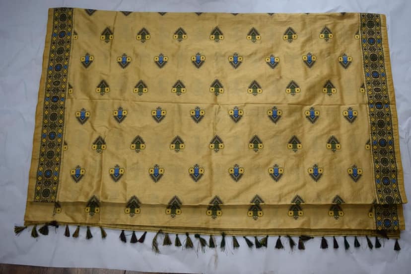 Traditional Yellow Silk Saree with Geometric Embroidery, Blue and Green Motifs, Tassel Border view 2