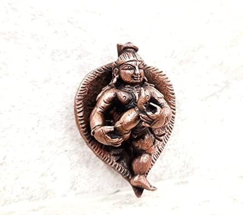 Searchers Paradise - Copper Idols Bala Krishna Lying in Banyan Leaf,2.3 inches, Copper Handmade 82 Grams, Patina Antique Finish, Pack of 1 Piece view 2