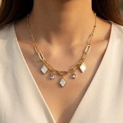 Paperclip Chain Mother-of-Pearl Charm Necklace | Gold-Tone Anti-Tarnish Imitation Jewellery view 2