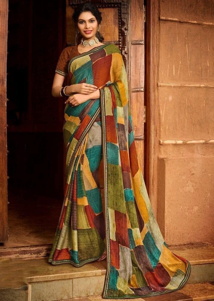 Multicolor Zari Work Chiffon Saree With Fancy Border And Jecquard Blouse Piece