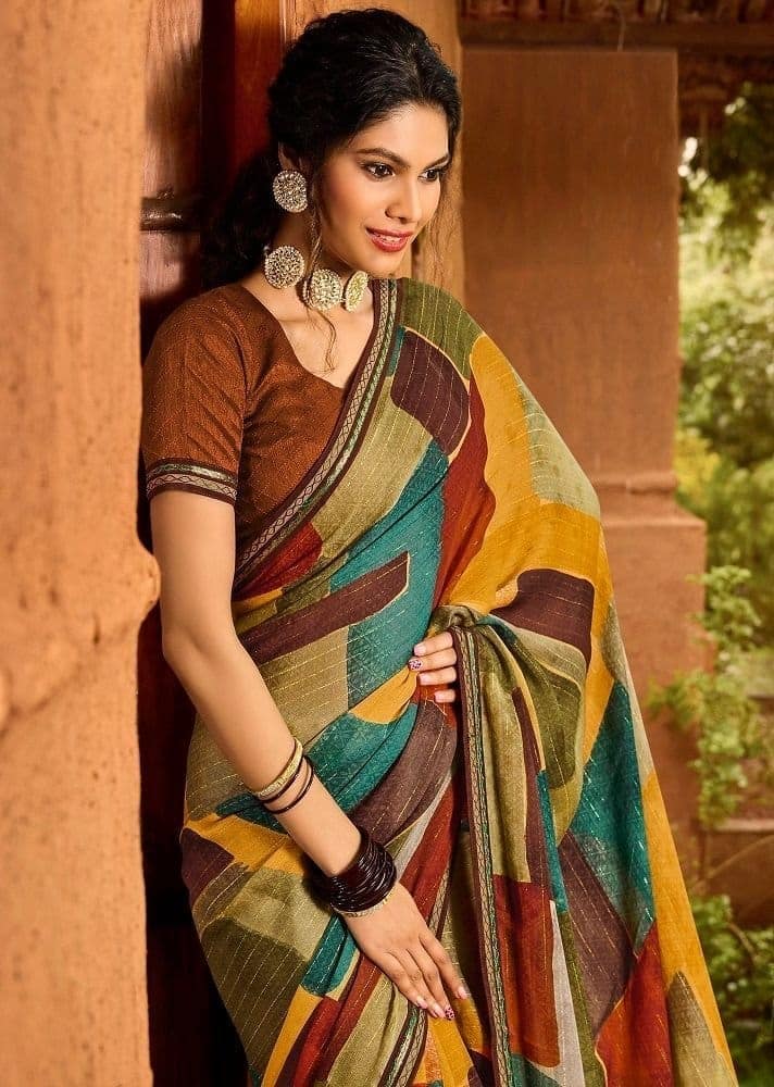 Multicolor Zari Work Chiffon Saree With Fancy Border And Jecquard Blouse Piece view 2