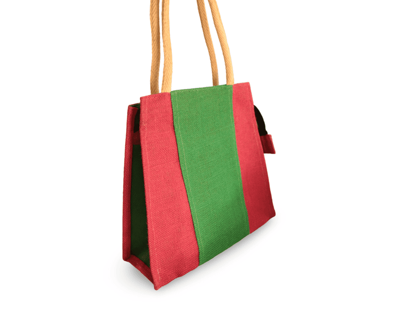 Stylish and Eco-Friendly Jute Tote Bag with Red and Green Stripes view 2