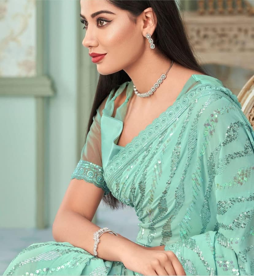 Embroidered Georgette Saree in Sea Green view 2