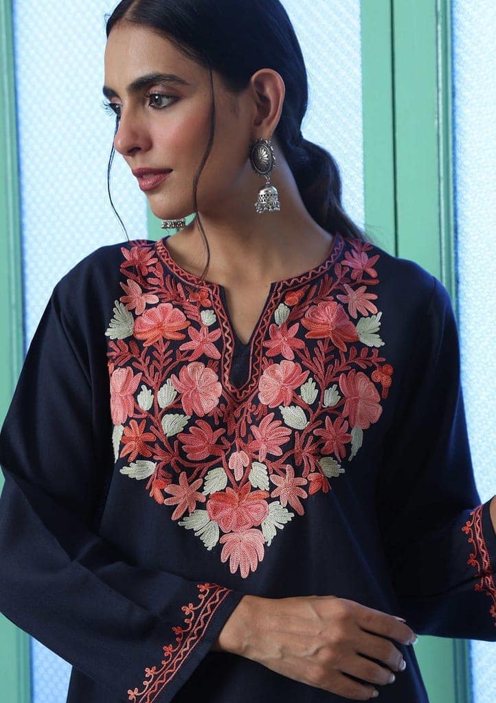 HOC Crafts Aari Embroidered Cotton Solid Women's Short Kurta - Navy Blue view 2