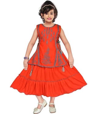 M.MONGELA DRESSES Cotton Blend Fit And Flare Dress For Girls ( Pack of 1 , Orange )