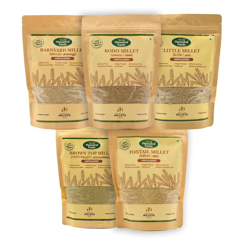 Manackal Foods 5-in-1 Millet Combo | Kodo, Little, Browntop, Barnyard & Foxtail Millets | Premium Natural Whole Grains | Rich in Fiber & Nutrients | Healthy Diet Pack (500g x 5)