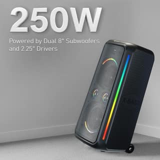 Portronics 250W Iron Beats 5 Prime Wireless Wheeled Party Speaker with Upto 6 Hours Playtime & Wireless Karaoke UHF Mic, Dual 8 Inch Subwoofer, Smiley LED Lights, Bass Boost Technology (Black)