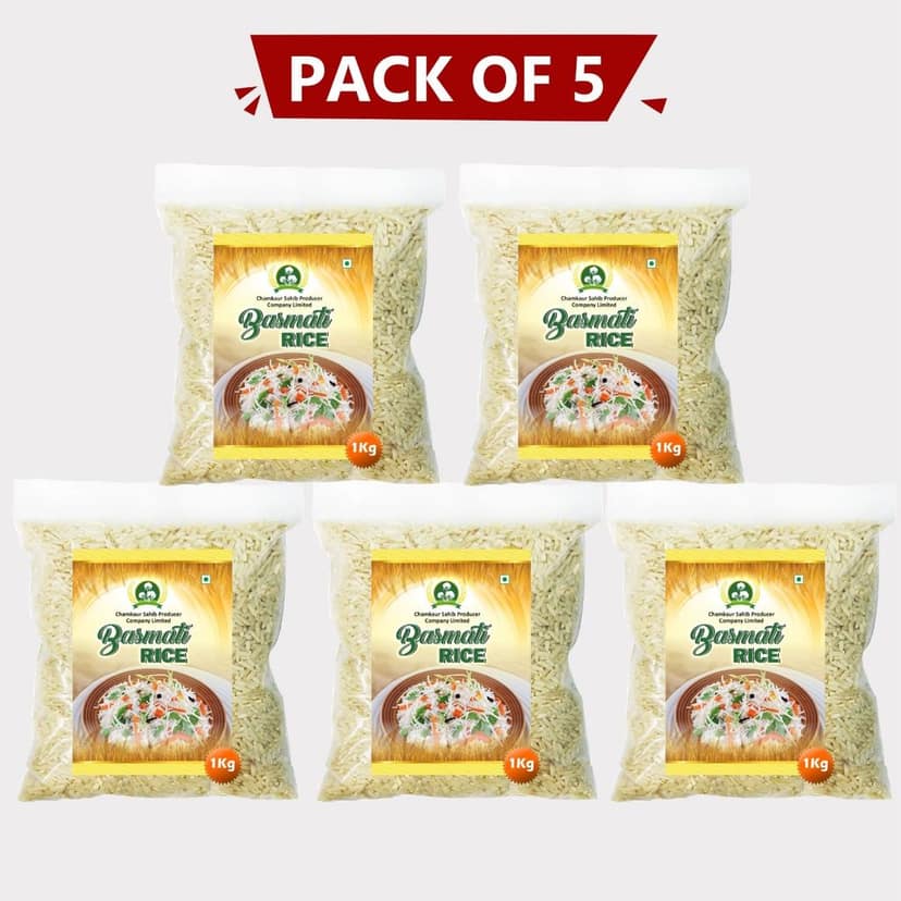 Sahib Basmati Rice 5kg (Pack of 5 × 1 kg) by Chamkaur – Long-Grain, Aromatic & Premium Indian Rice.