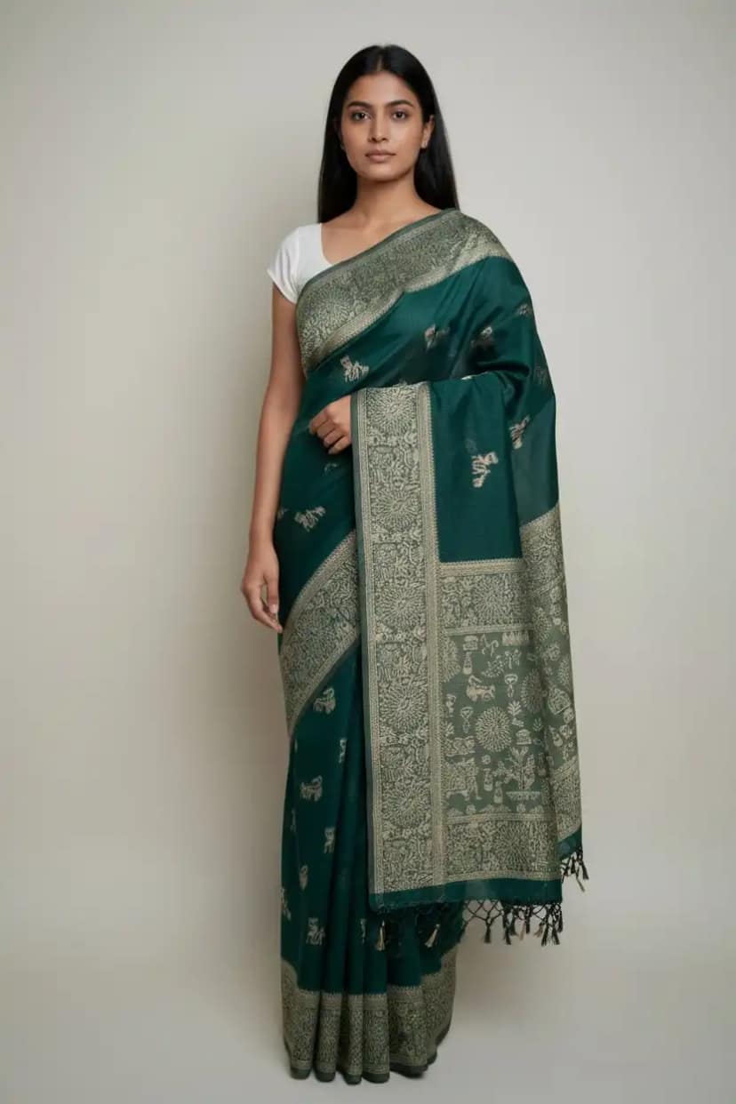 Sambalpuri Baandha Ikat Handloom Cotton Saree in Deep Green