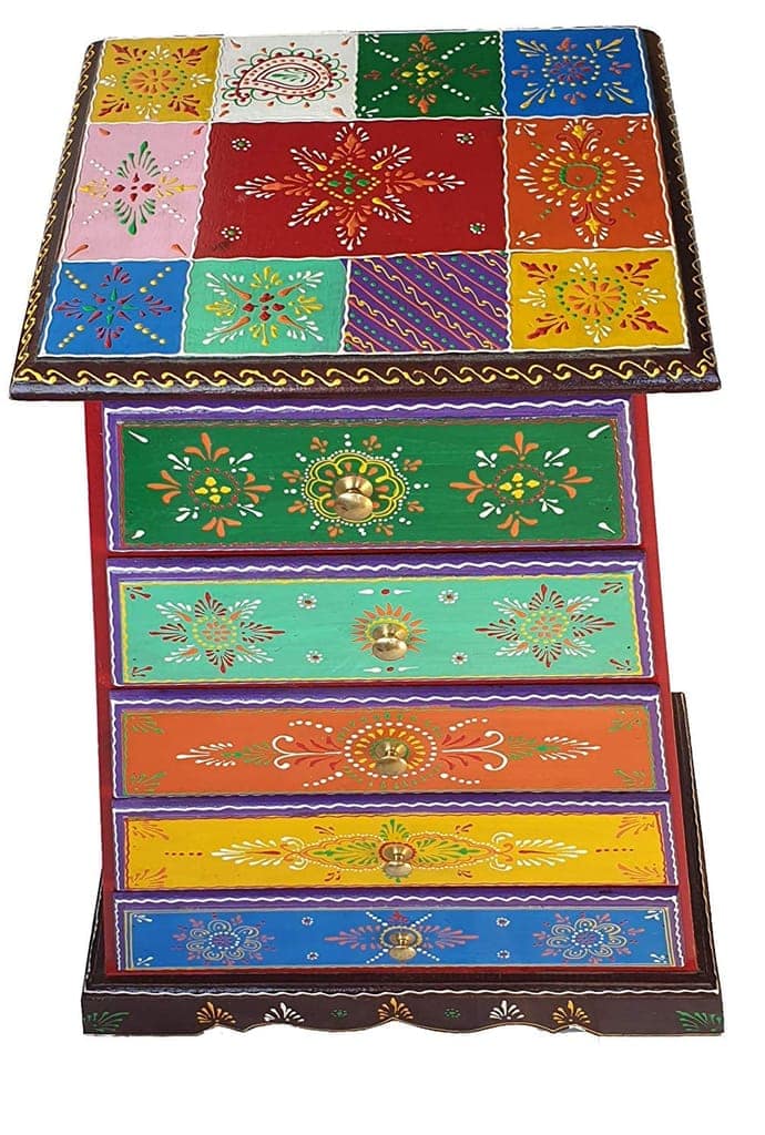 Wood To Cart® Rajasthani Art Wooden Table with 5 Drawers/Pyramid Shape Handpainted Bed Side Table/Corner Table for Jewellery/Vanity for Living Room/Bedroom 28.5x20x12 inches view 2