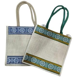 Eco Friendly Jute Shopping Tote Bag with Ethnic Border Design, Reusable Grocery Lunch Carry Bag for Women (Natural Bei