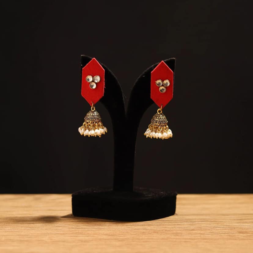 Red - Mariam Stone Work Fabart GS Jhumka Earrings view 2